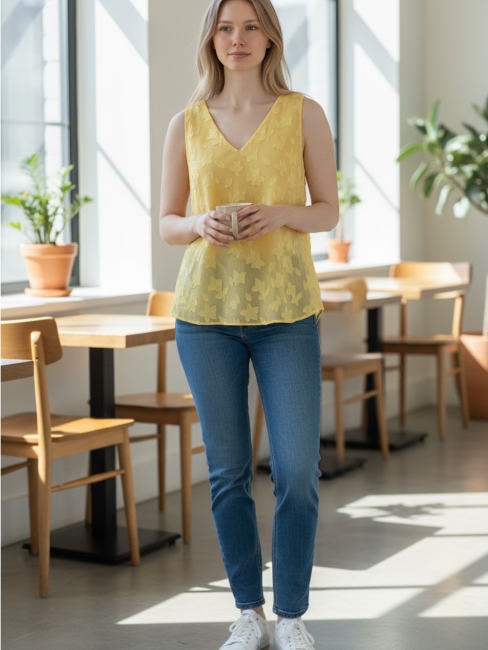 LOFT Yellow Sleeveless V-Neck Floral Jacquard Top
